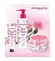 Dermacol Flower Care telový peeling ruža 200 g + krémové mydlo na ruky 250 ml + opojný krém na ruky Ruže 30 ml darčeková sada